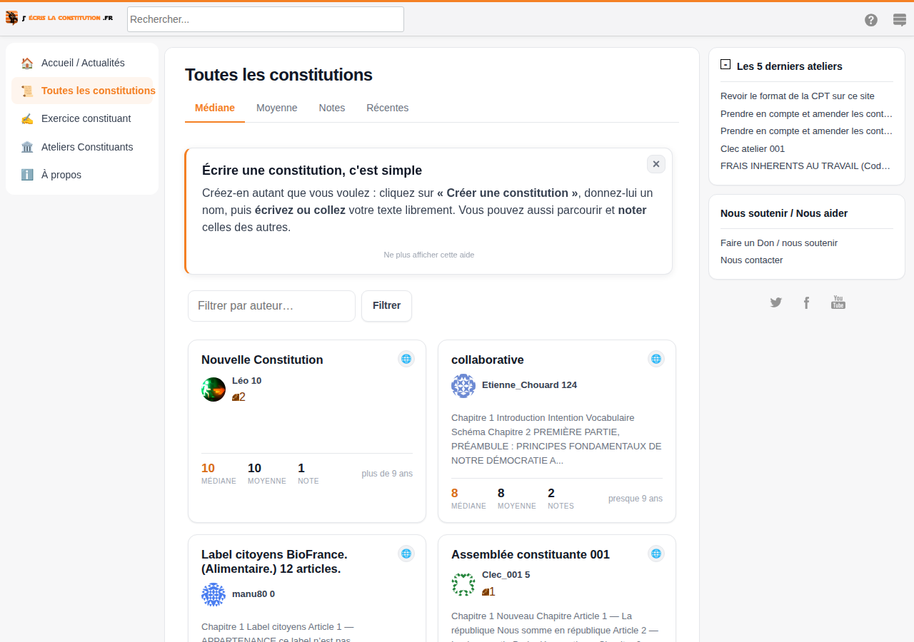 le listing des constitutions publiées, avec tris et filtres