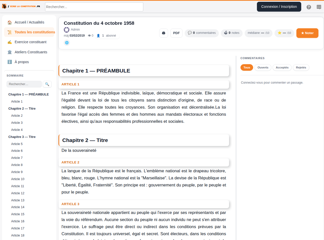 un document constitution : sommaire, chapitres et articles