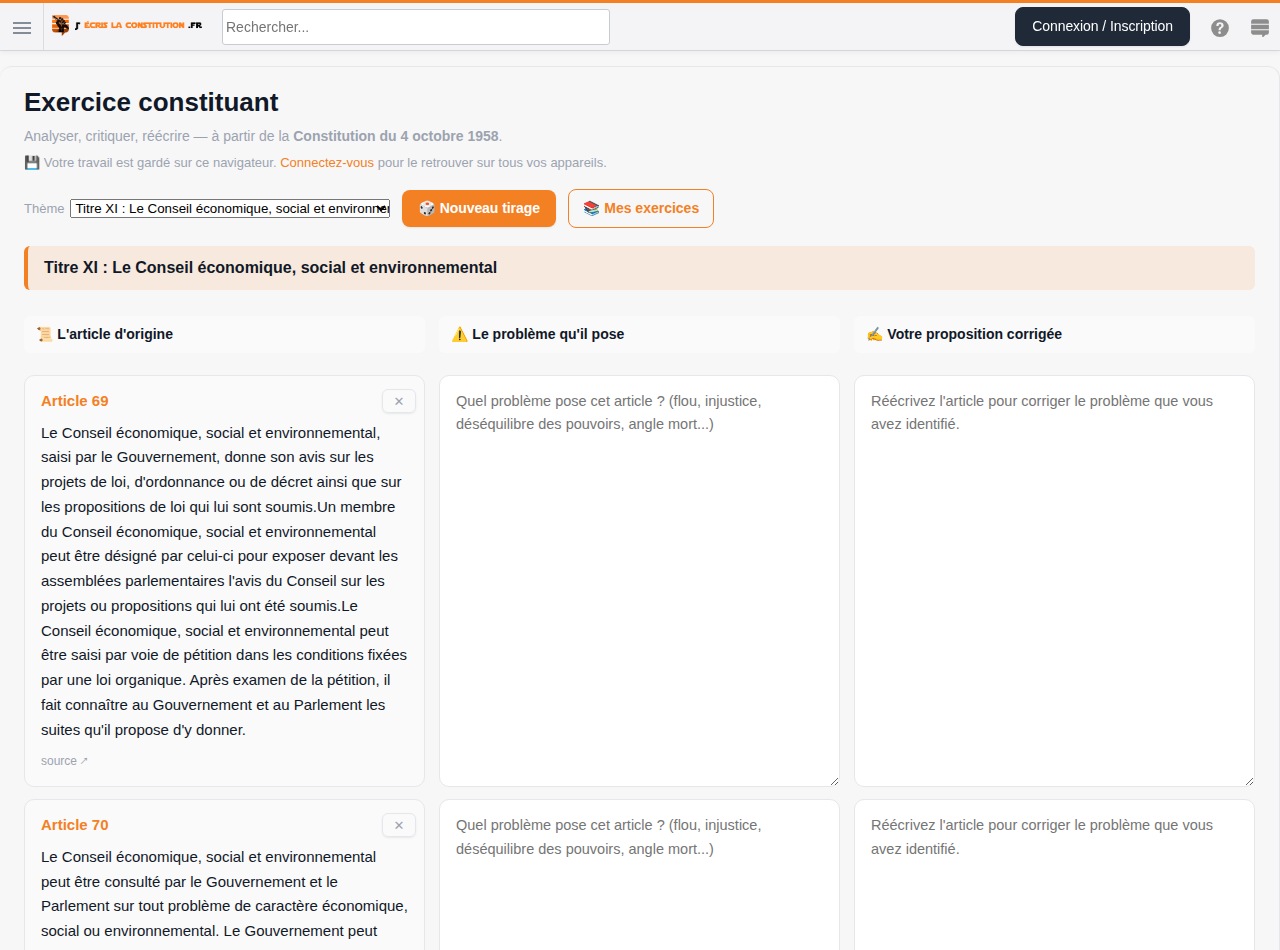 l'exercice constituant : article d'origine, problème, réécriture
