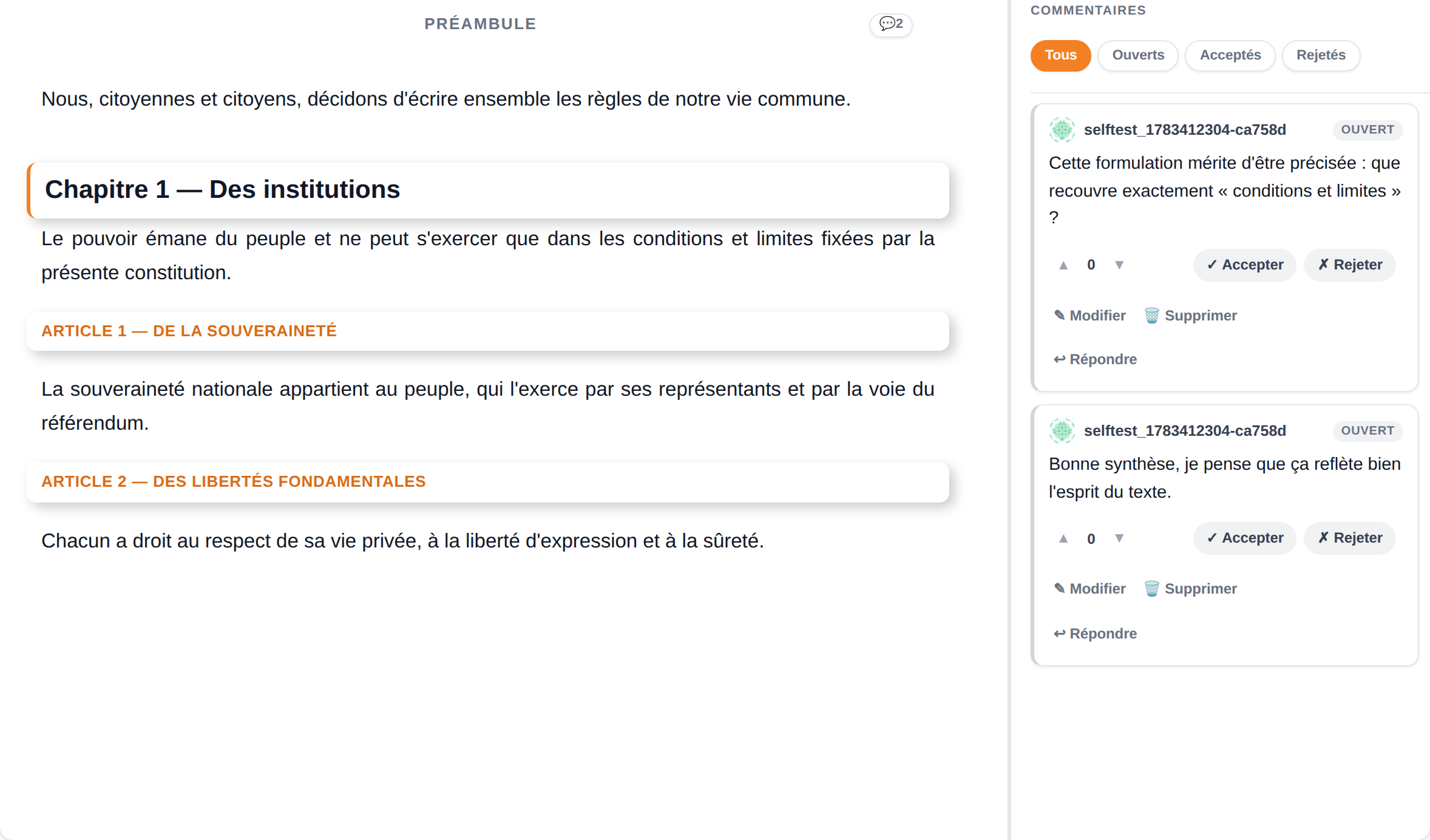 Des commentaires ancrés sur un passage précis, dans la marge, avec accepter / rejeter / répondre