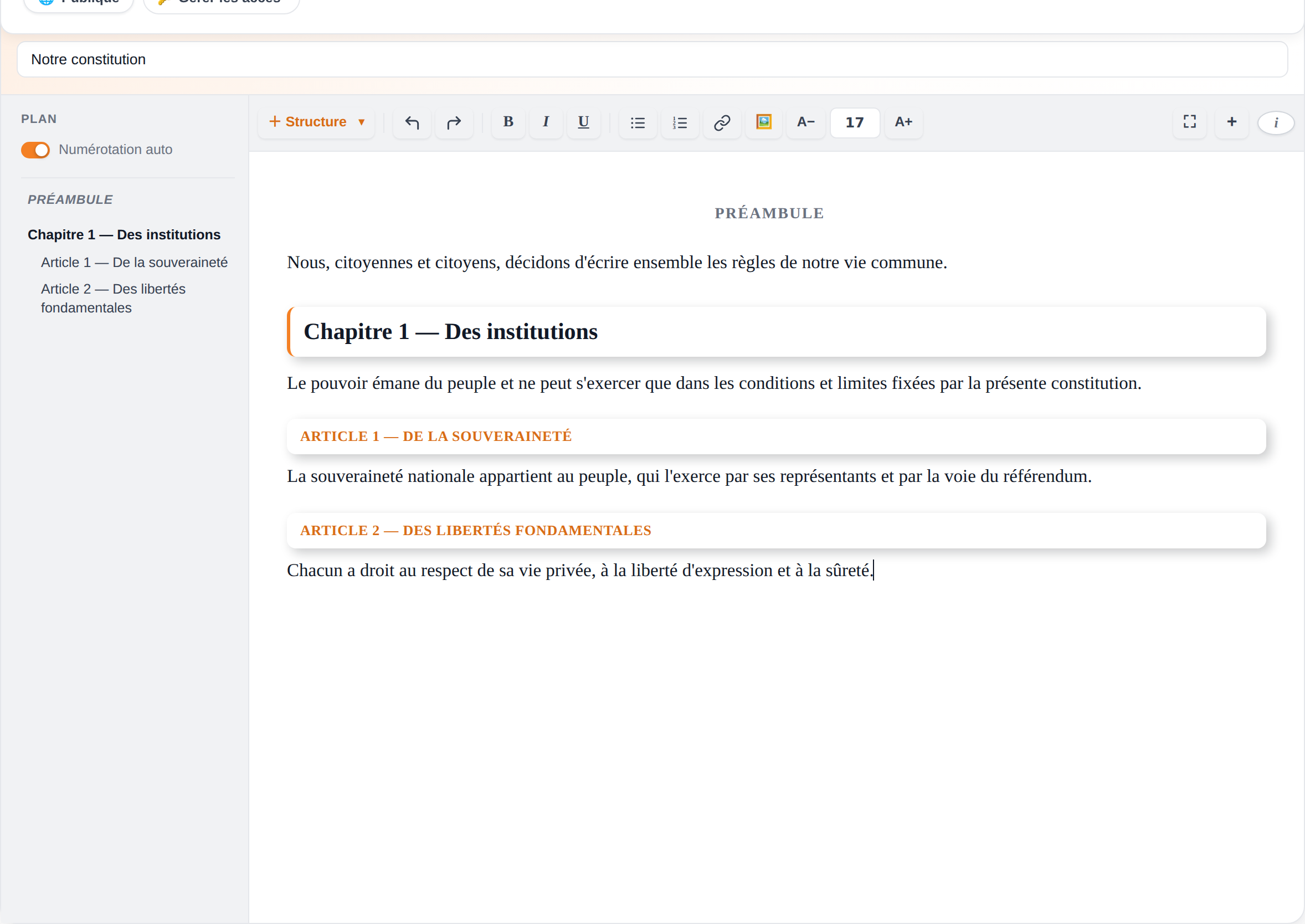L'éditeur de document, avec plan de navigation, numérotation automatique et barre de mise en forme complète